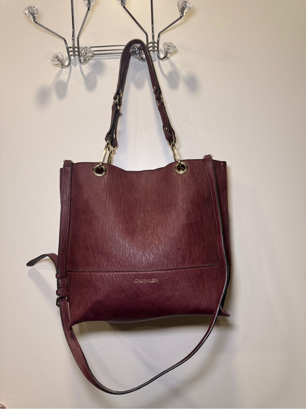 Calvin Klein Maroon Leather Shoulder Tote with Gold Hardware
